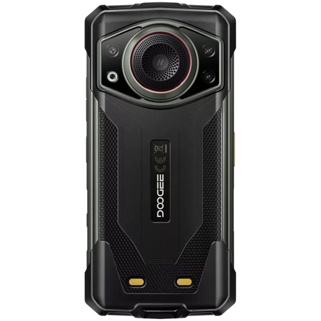 Doogee Fire 7 Ultra cinza robusto, traseira texturizada, câmeras traseiras com aro vermelho, tela grande com notch em V, conectores dourados inferiores - Item2