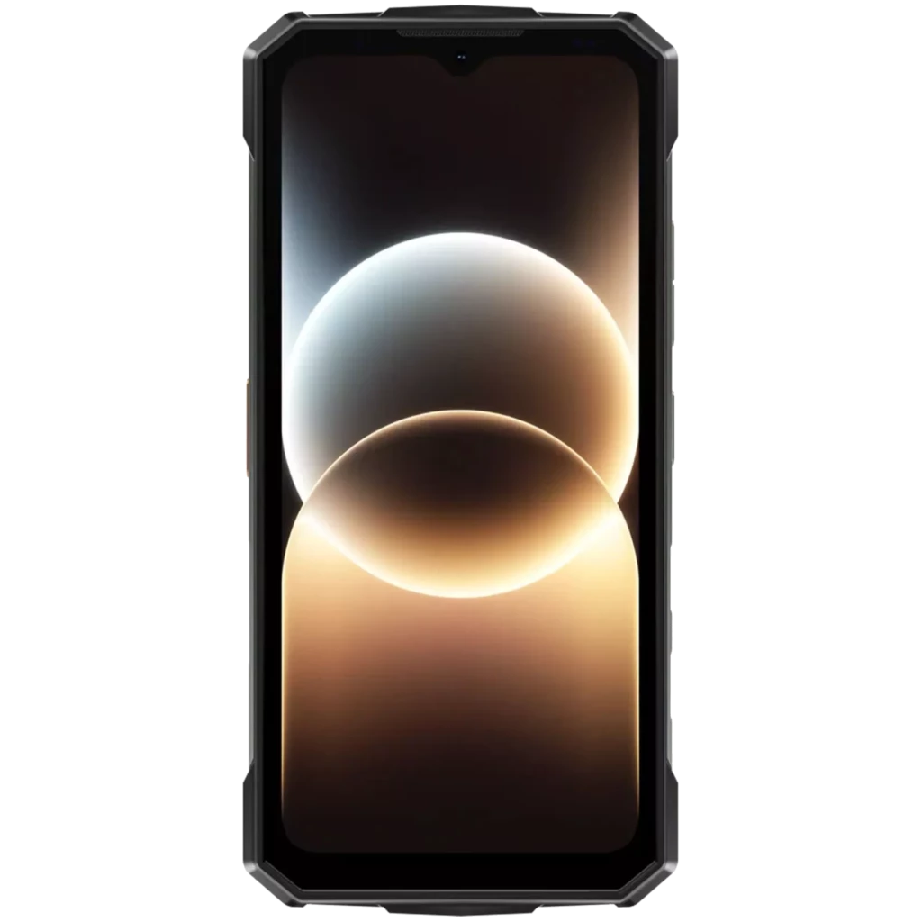 Doogee Fire 7 Ultra cinza robusto, traseira texturizada, câmeras traseiras com aro vermelho, tela grande com notch em V, conectores dourados inferiores - Item1