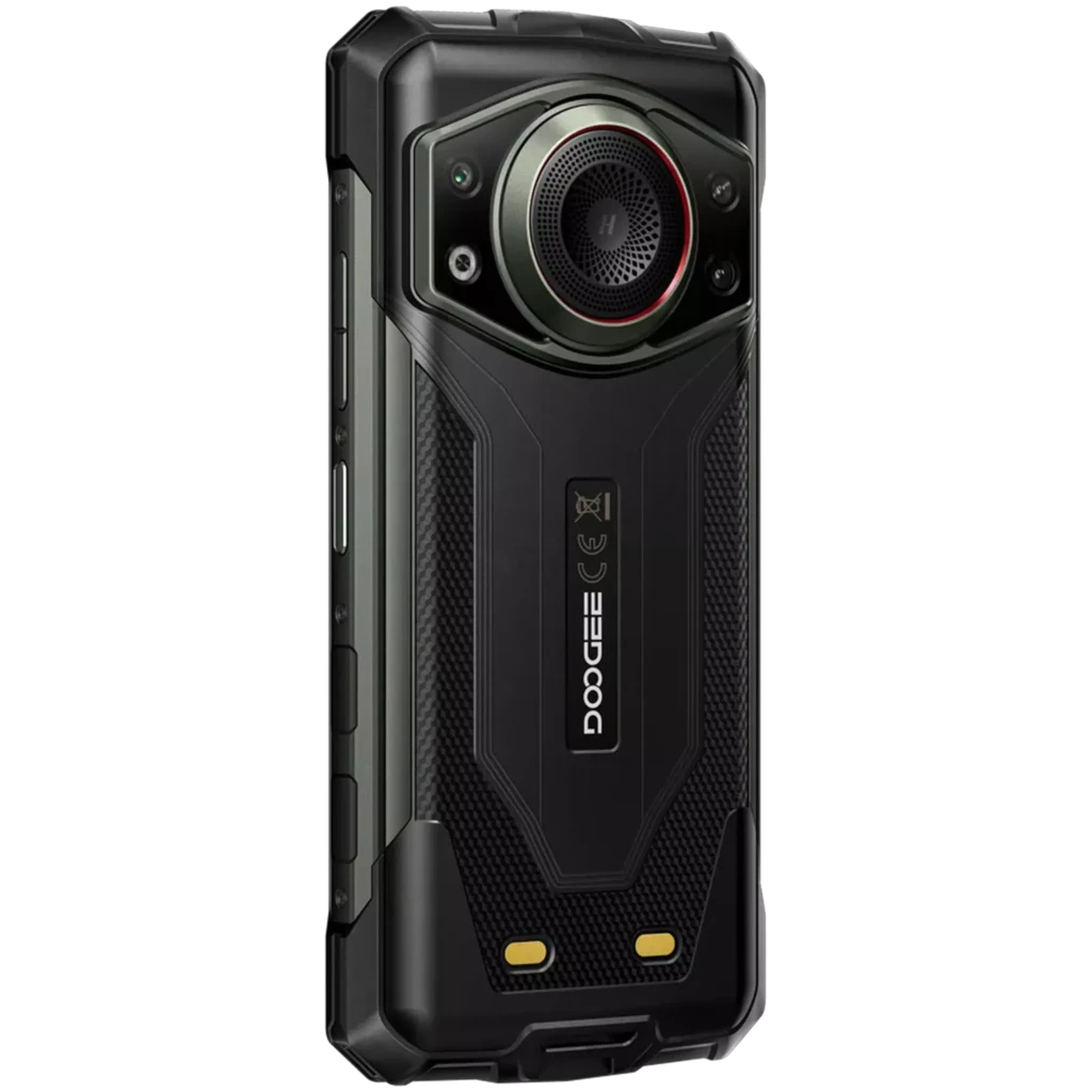 Doogee Fire 7 Ultra cinza robusto, traseira texturizada, câmeras traseiras com aro vermelho, tela grande com notch em V, conectores dourados inferiores - Item4