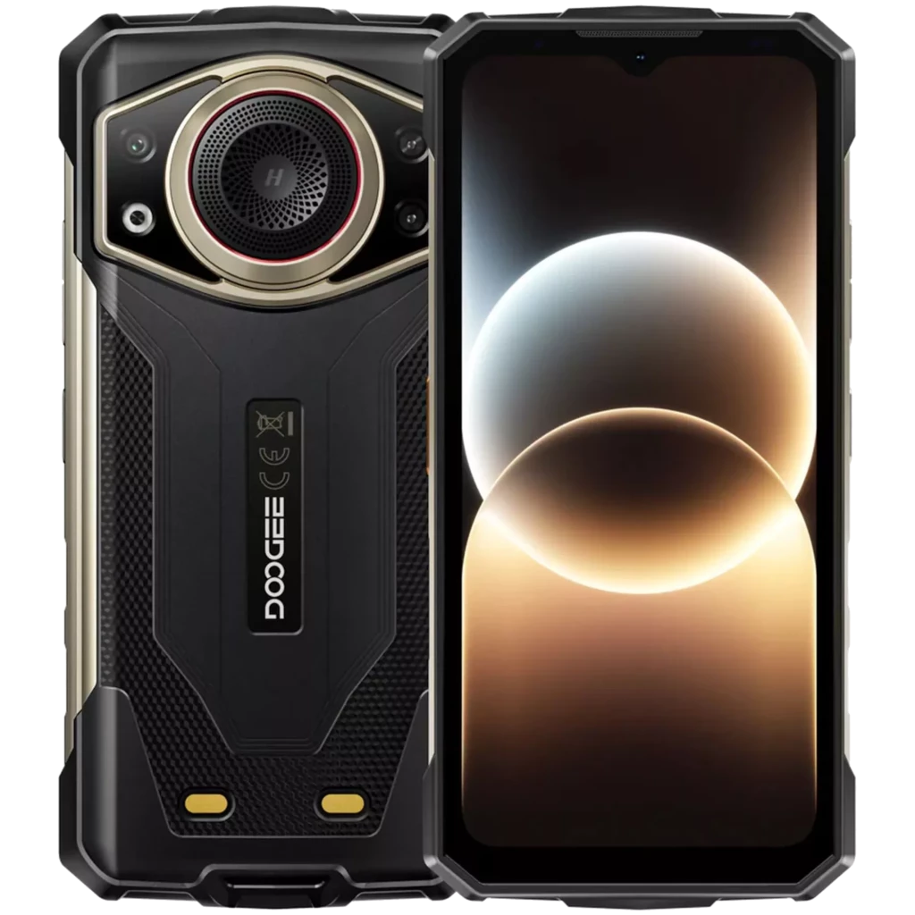 Doogee Fire 7 Ultra dourado com traseira robusta preta e detalhes metálicos, módulo de câmara circular destacado e ecrã frontal 6,6 polegadas com bordas - Item