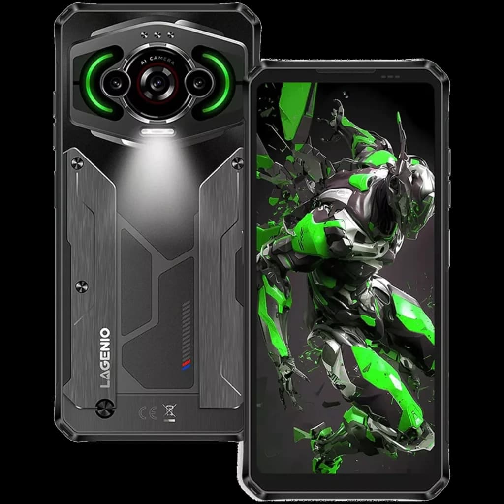 Lagenio Panther 1 preto robusto, 256 GB, 8 GB RAM; traseira com câmera central cercada por LEDs verdes e luz potente, tela com arte futurista verde