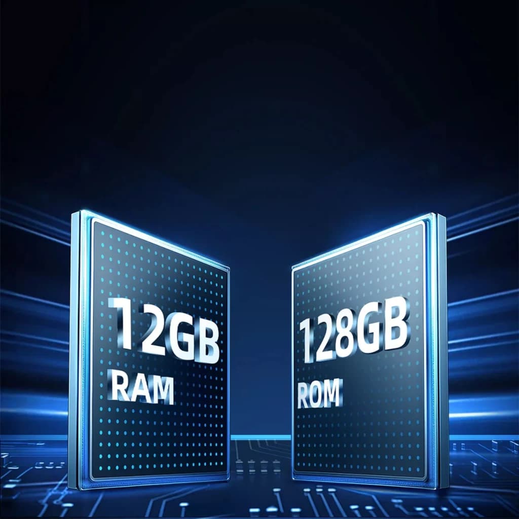 Cartão destacando memória: 12 GB RAM e 128 GB ROM em módulos estilizados, com visual tecnológico azul e iluminação lateral futurista