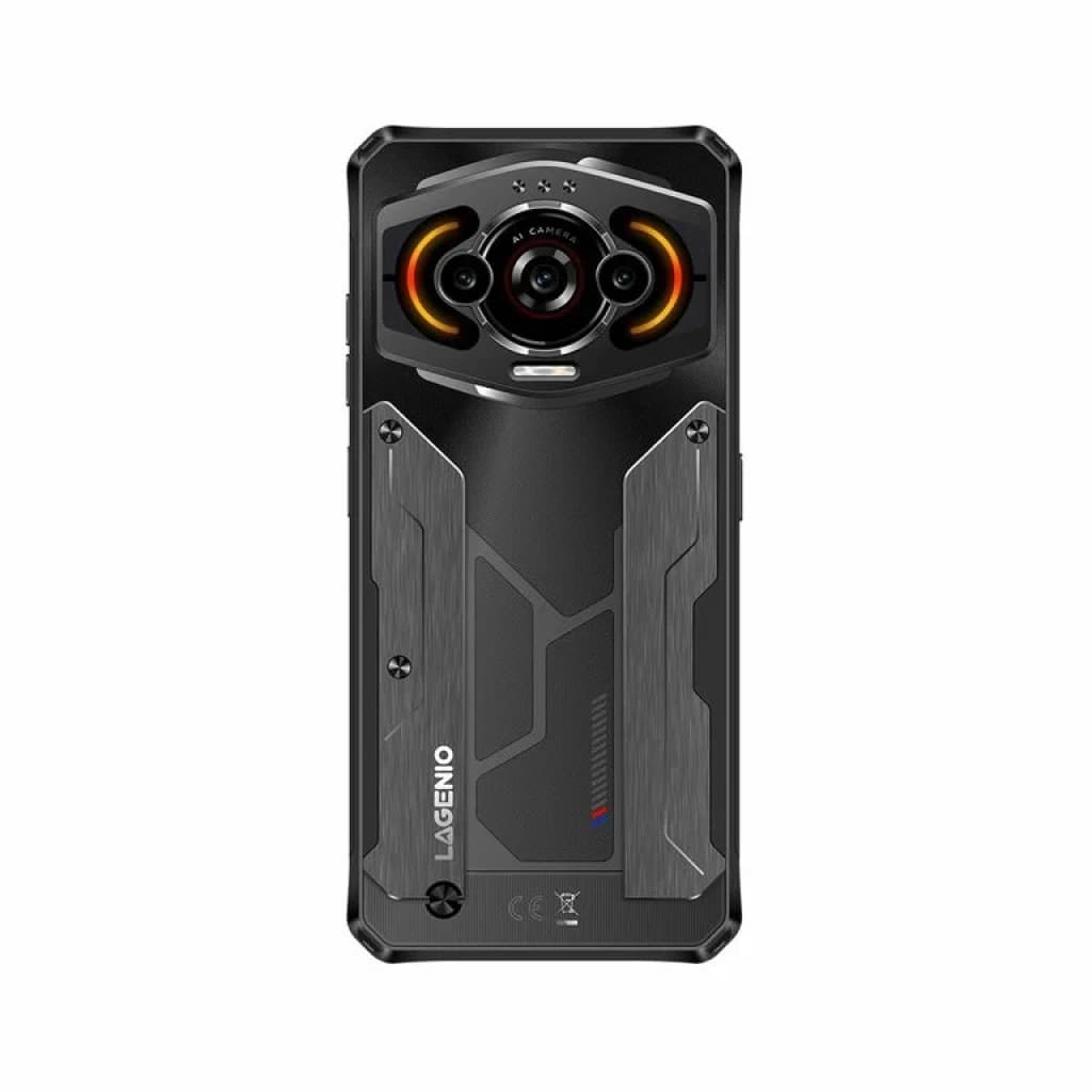 Lagenio Panther 1 Preto destaca bateria 5150 mAh em destaque azul e módulo de câmera traseira robusto com detalhes laranja, design resistente e moderno