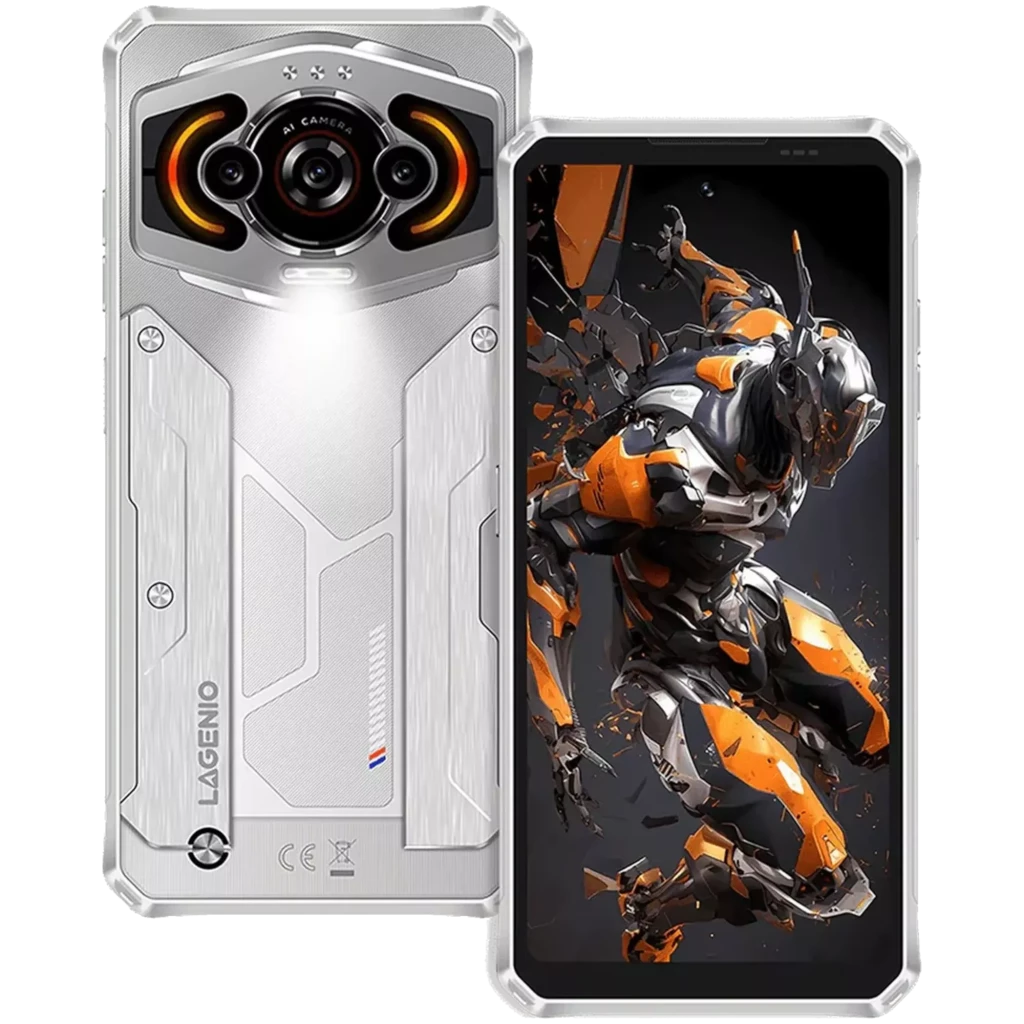 Smartphone Lagenio Panther 1 argent, dos robuste avec triple module photo central cerclé d’orange et flash puissant, écran 6,7 pouces bord fin affichant un - Ítem