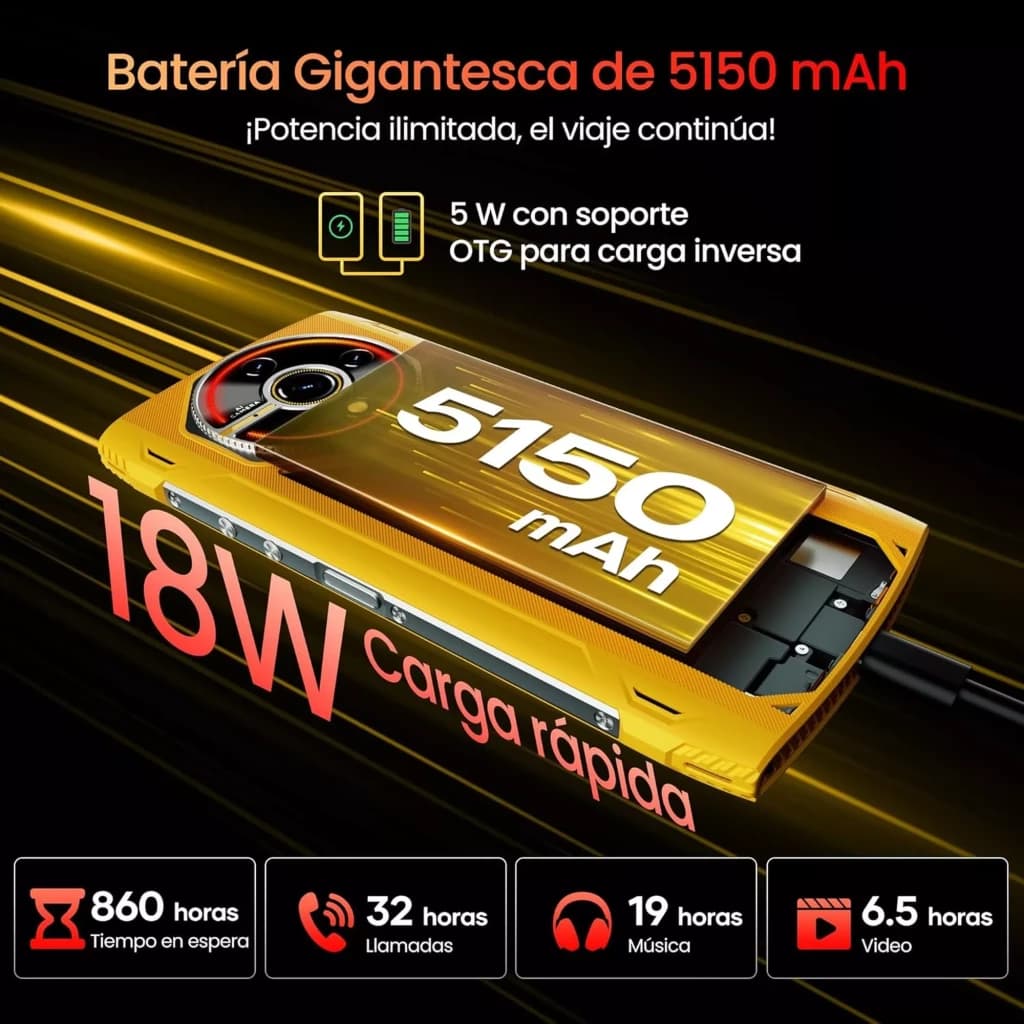 Bateria de 5150 mAh com carga rápida de 18 W, suporte OTG 5 W, ícones destacando 860 h em espera, 32 h chamadas, 19 h música e 6,5 h vídeo