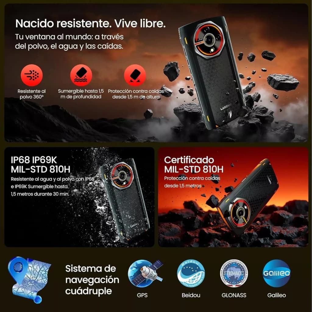 Lagenio Panther 2 branco robusto com corpo reforçado, IP68 e IP69K, MIL-STD 810H, resistente a quedas, água e poeira, detalhes em laranja e câmera circular