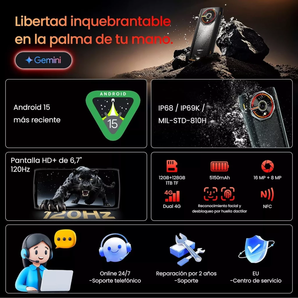 Lagenio Panther 2 blanc 128 Go, écran 6,7 pouces, 4 Go RAM, charge rapide 18 W, dos géométrique, module photo circulaire lumineux, face avant sombre - Ítem1