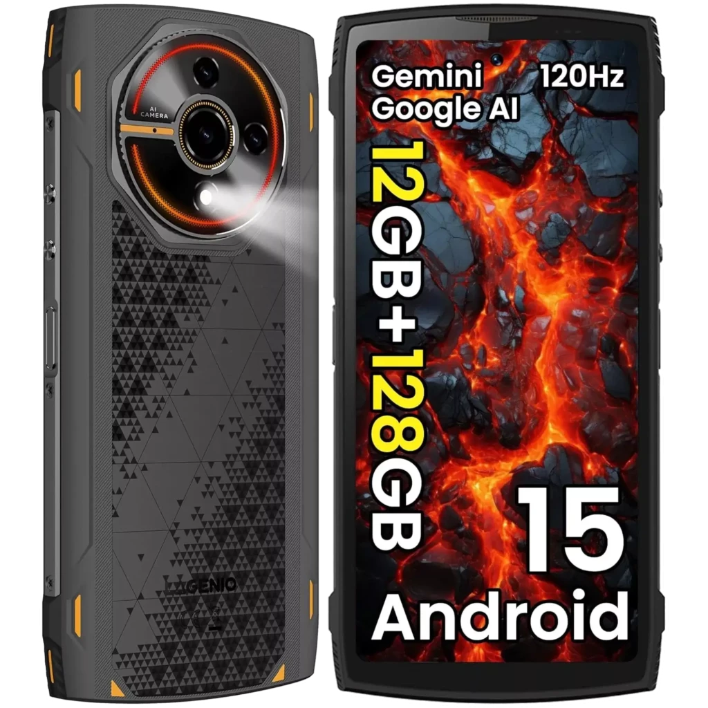 Lagenio Panther 2 noir robuste avec coque texturée, accents orange, grand écran 6,7 pouces, module photo circulaire avec anneau lumineux, 128 Go, 4 Go RAM - Ítem1