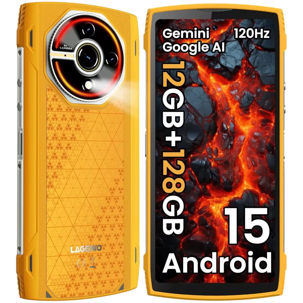 Smartphone robuste jaune Lagenio Panther 2, dos texturé géométrique, module photo circulaire lumineux, écran avant noir avec accents orange agressifs - Ítem1