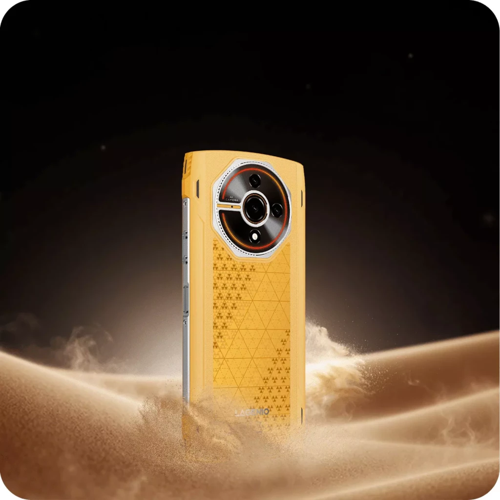 Smartphone robuste jaune Lagenio Panther 2, dos texturé géométrique, module photo circulaire lumineux, écran avant noir avec accents orange agressifs - Ítem2