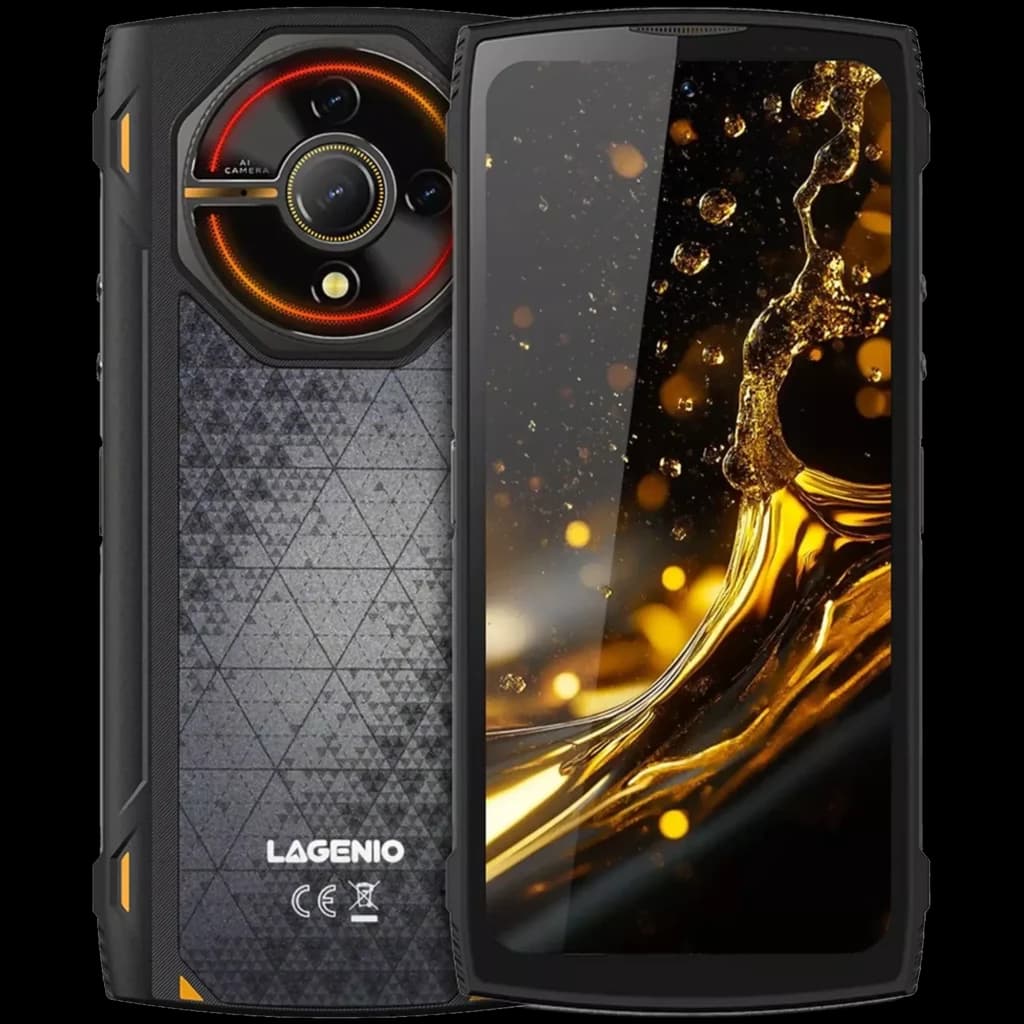 Lagenio Panther 2 Pro preto robusto, tela sem bordas, câmera traseira circular com LED vermelho, textura geométrica, acentos laranja, resistência tripla