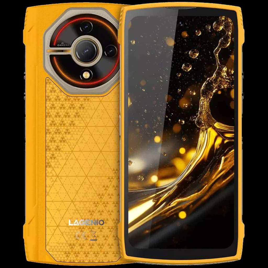 Lagenio Panther 2 Pro amarelo com traseira texturizada, módulo de câmera circular com anel vermelho e ecrã 6,7 polegadas com bordas robustas e brilho dourado