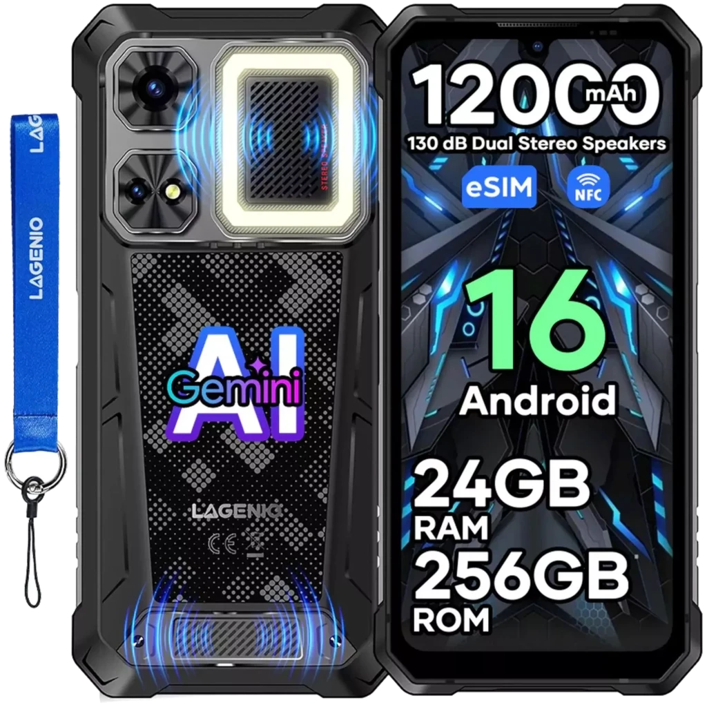 Lagenio Rhino 1 Pro preto robusto com altifalantes duplos, ecrã grande, módulo de câmara destacado com aro luminoso e design traseiro texturizado - Item1