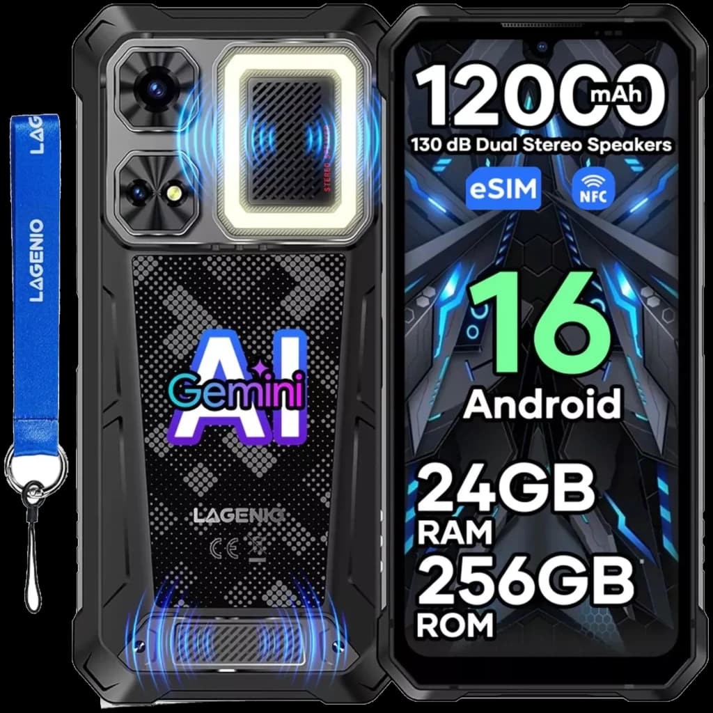 Lagenio Rhino 1 Pro preto robusto com ecrã grande, módulo de câmara tripla saliente, altifalantes estéreo, pulseira Lagenio azul e marcações de 256 GB/8