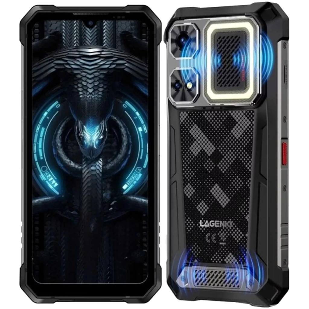 Lagenio Rhino 1 Pro preto robusto com altifalantes duplos, ecrã grande, módulo de câmara destacado com aro luminoso e design traseiro texturizado - Item2