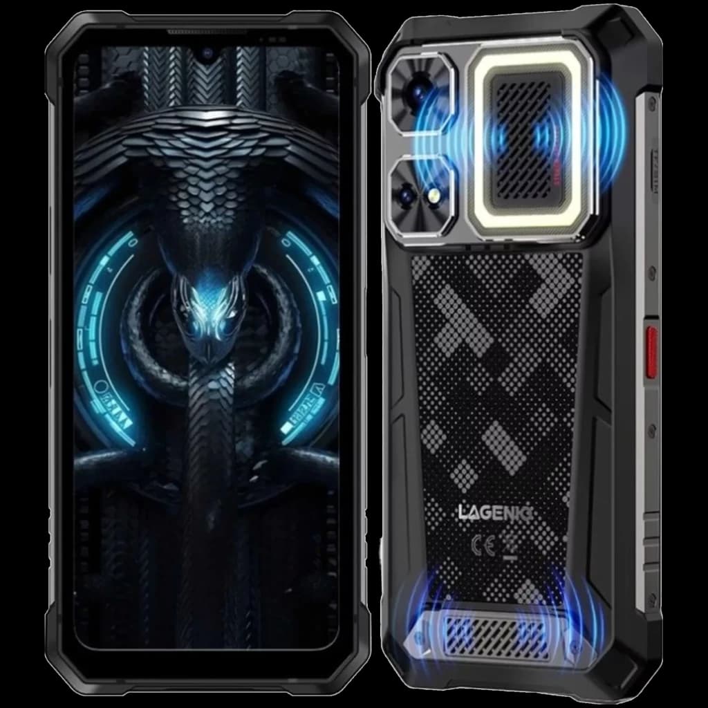 Lagenio Rhino 1 Pro preto, 256 GB, 8 GB RAM, traseira robusta com grelha de alto-falantes duplos azuis, módulo de câmara quadrado, ecrã com gráfico