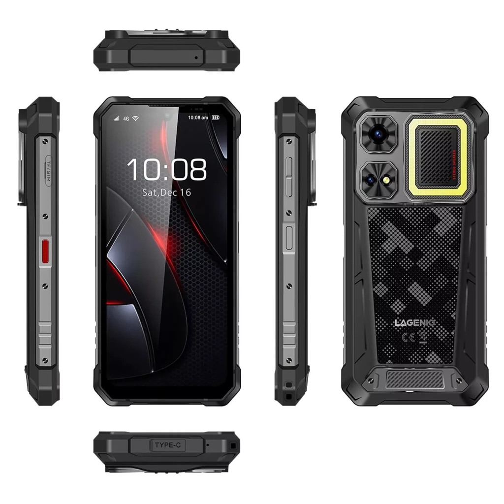 Lagenio Rhino 1 Pro preto robusto com altifalantes duplos, ecrã grande, módulo de câmara destacado com aro luminoso e design traseiro texturizado - Item3