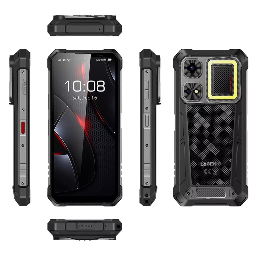Lagenio Rhino 1 Pro preto robusto com corpo reforçado, 256 GB, 8 GB RAM, altifalantes duplos, câmara dupla traseira e luz de campismo integrada
