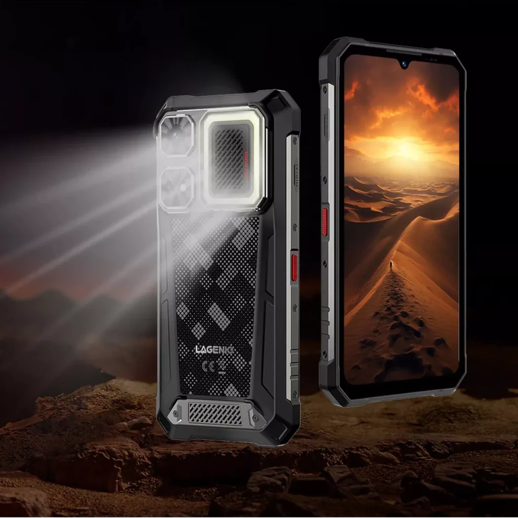 Lagenio Rhino 1 Pro preto robusto com altifalantes duplos, ecrã grande, módulo de câmara destacado com aro luminoso e design traseiro texturizado - Item4