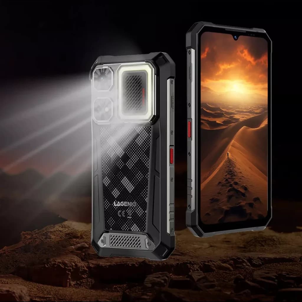 Lagenio Rhino 1 Pro preto robusto com lanterna lateral potente, ecrã brilhante, altifalantes duplos, 8 GB RAM e 256 GB de armazenamento