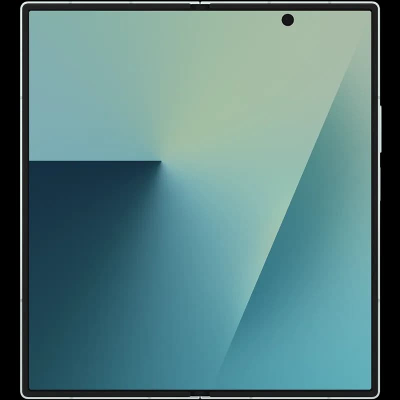 Samsung Galaxy Z Fold7 5G verde menta desplegado, gran pantalla interna casi sin bordes, bisagra central discreta y cámara frontal perforada en la parte
