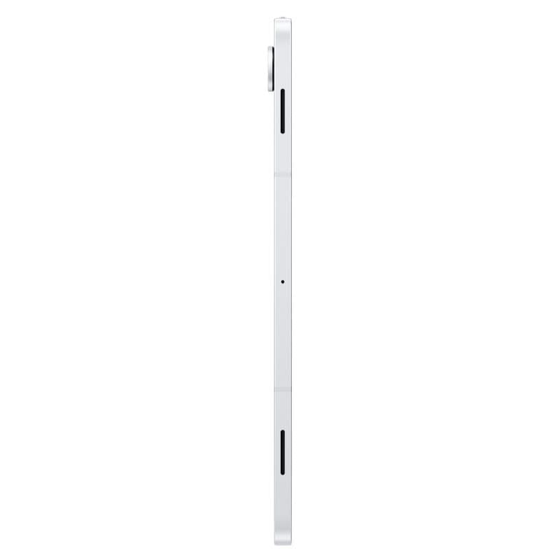 Profil latéral fin et argenté de la Samsung Galaxy Tab S11 11 pouces, bords plats, bouton d’alimentation et haut-parleurs visibles, design élégant et
