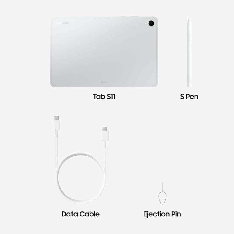 Samsung Galaxy Tab S11 11 pouces argent avec S Pen blanc, objectif arrière unique, câble USB-C et épingle d’éjection inclus pour une configuration