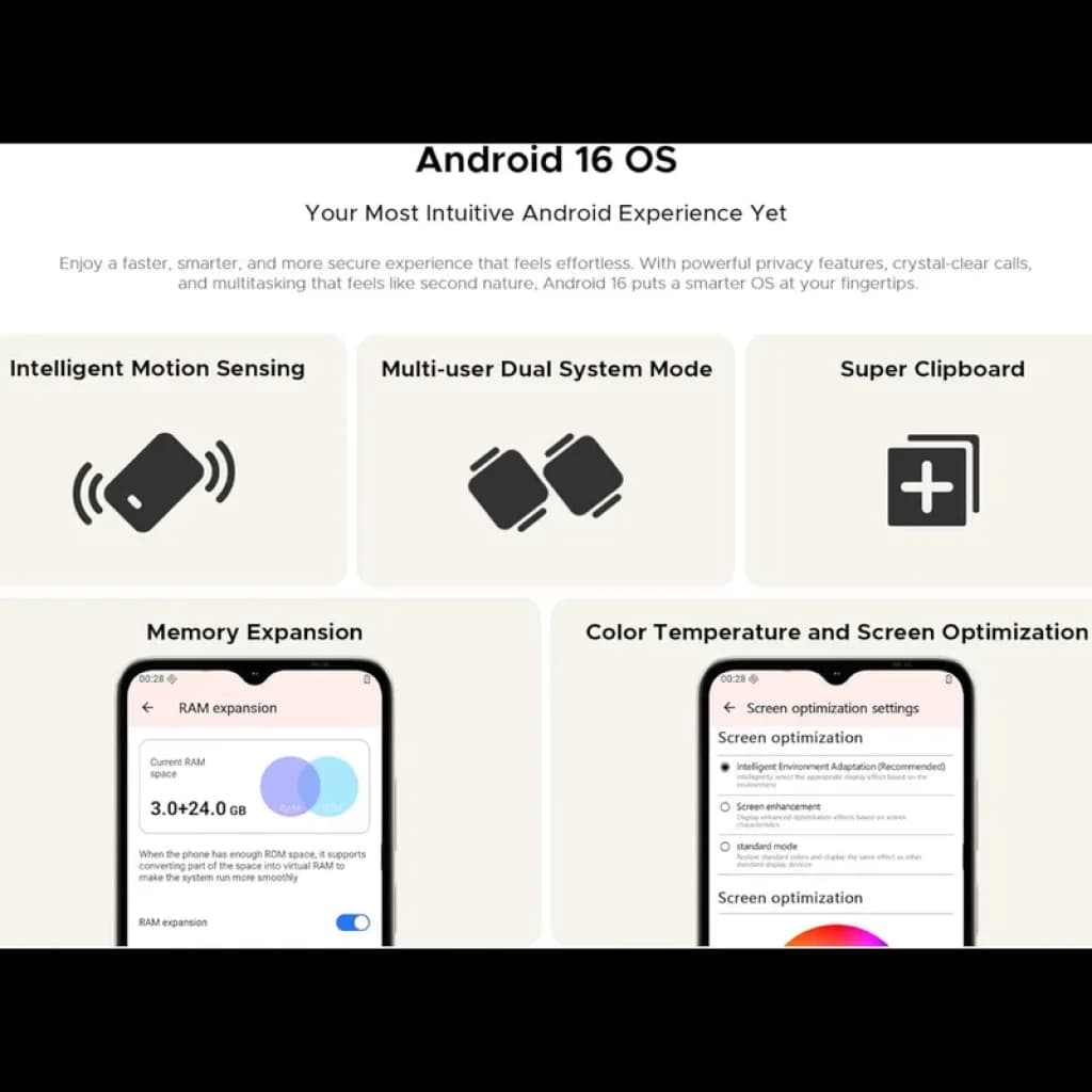 Tela mostrando recursos do Android 16: detecção de movimento, modo dual para múltiplos usuários, Super Clipboard, expansão de memória e ajustes de