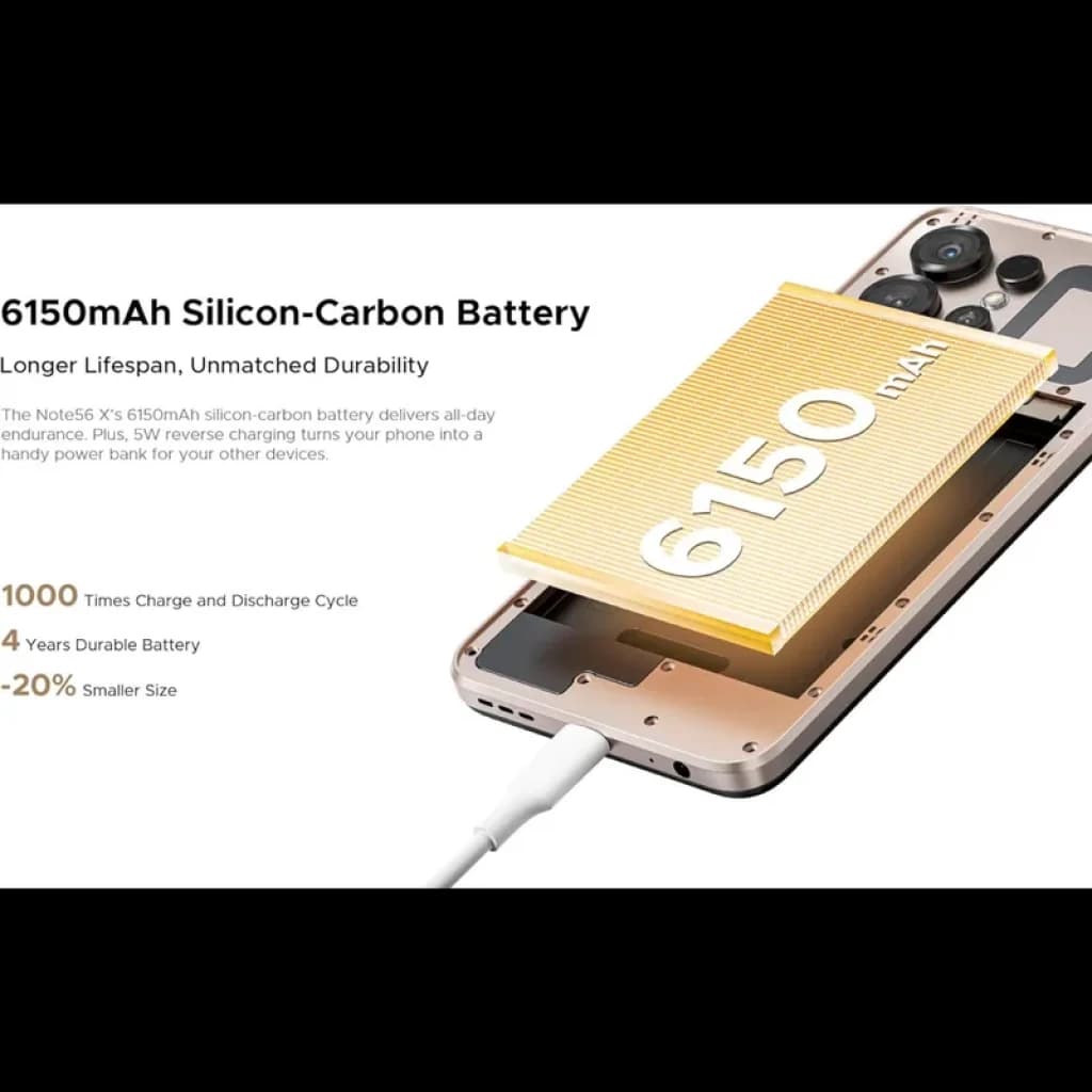 Bateria de silício-carbono 6150 mAh no Doogee Note 56X cinza, destacando maior durabilidade, 4G, carregamento USB e design fino com módulo de câmeras triple.