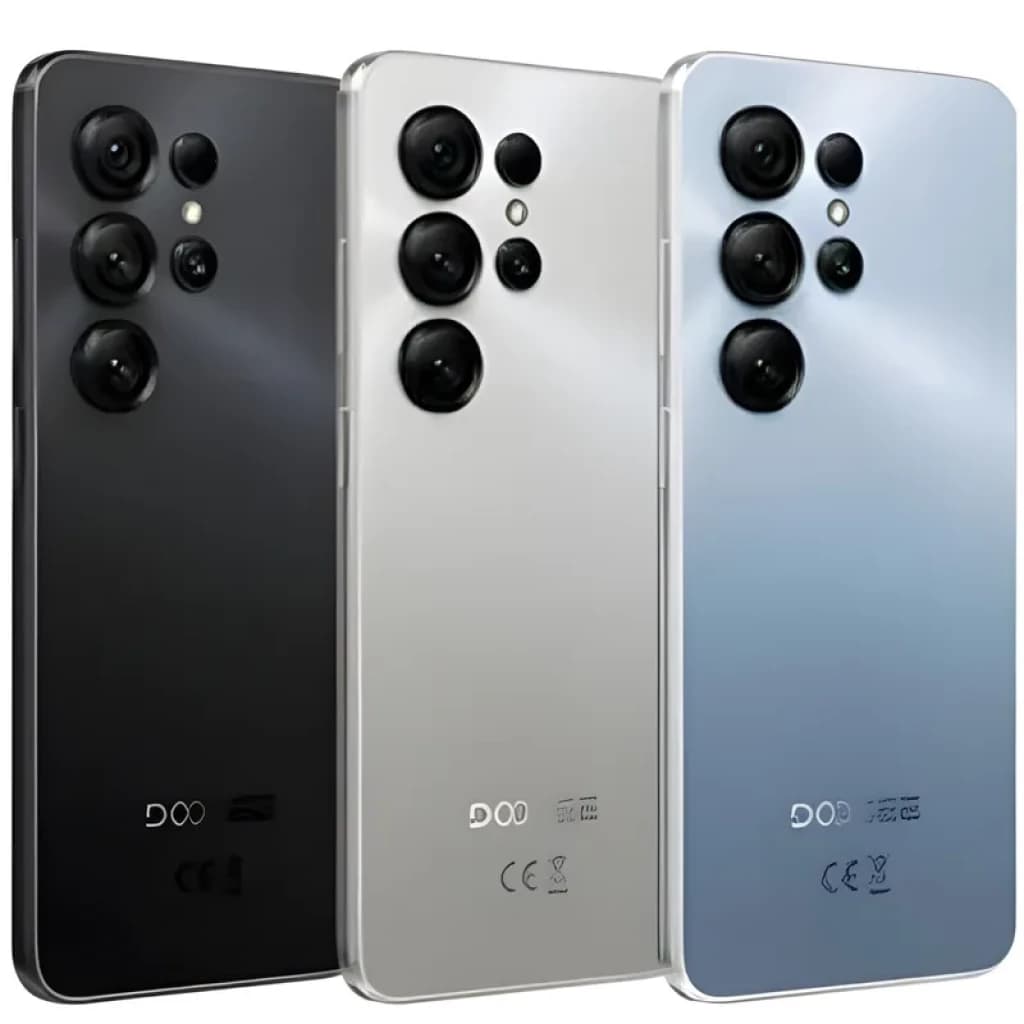 Doogee Note 56X 64 GB Cinza 4G com traseira metálica cinza, módulos de câmera tripla salientes e acabamento espelhado elegante; design fino e moderno