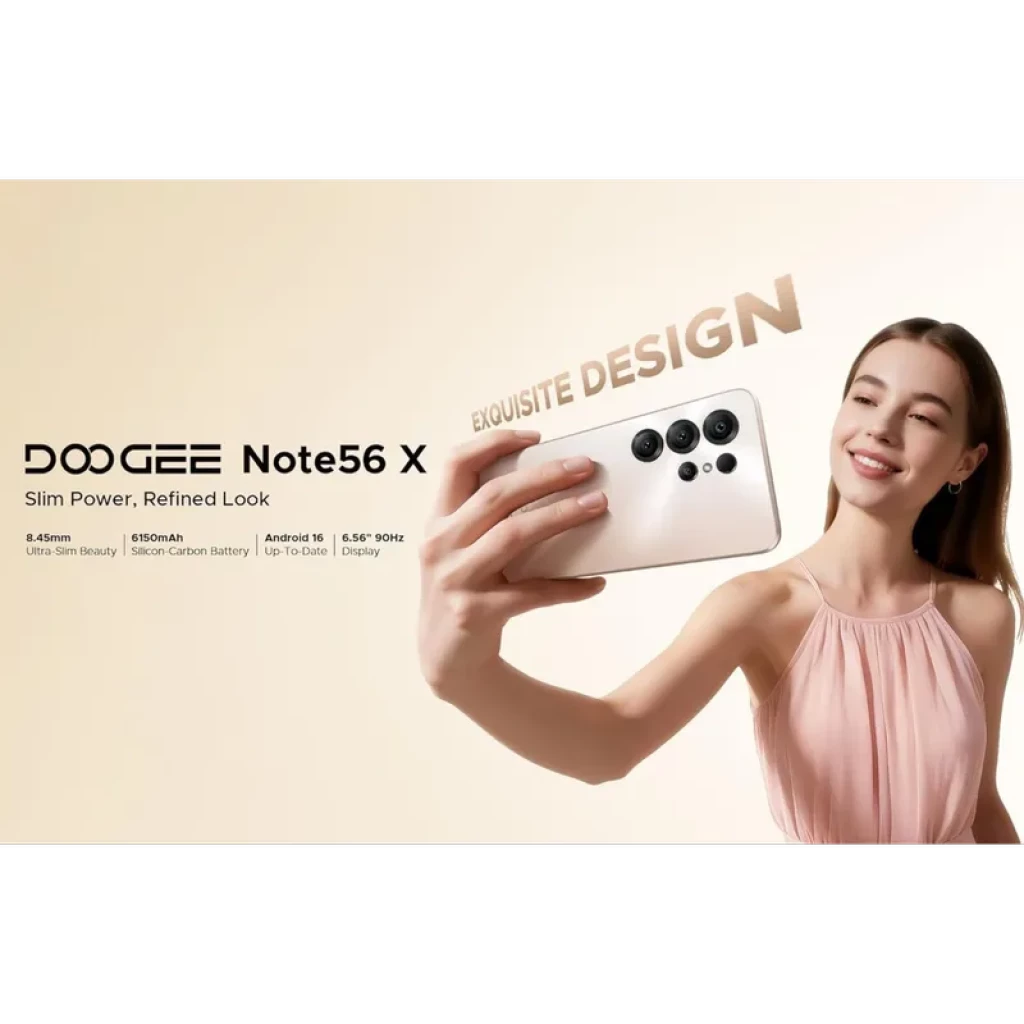 Doogee Note 56X dourado com ecrã 6,56 polegadas, câmara traseira múltipla, notch em gota, Android 16 no ecrã e bateria 6150 mAh visível na frente - Item1