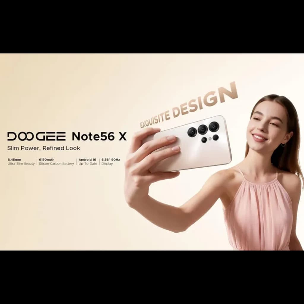 Doogee Note 56X cinza com design fino, tela 6,56 pol 90 Hz e câmera traseira múltipla com sensor 8 MP; acabamento elegante e bordas arredondadas