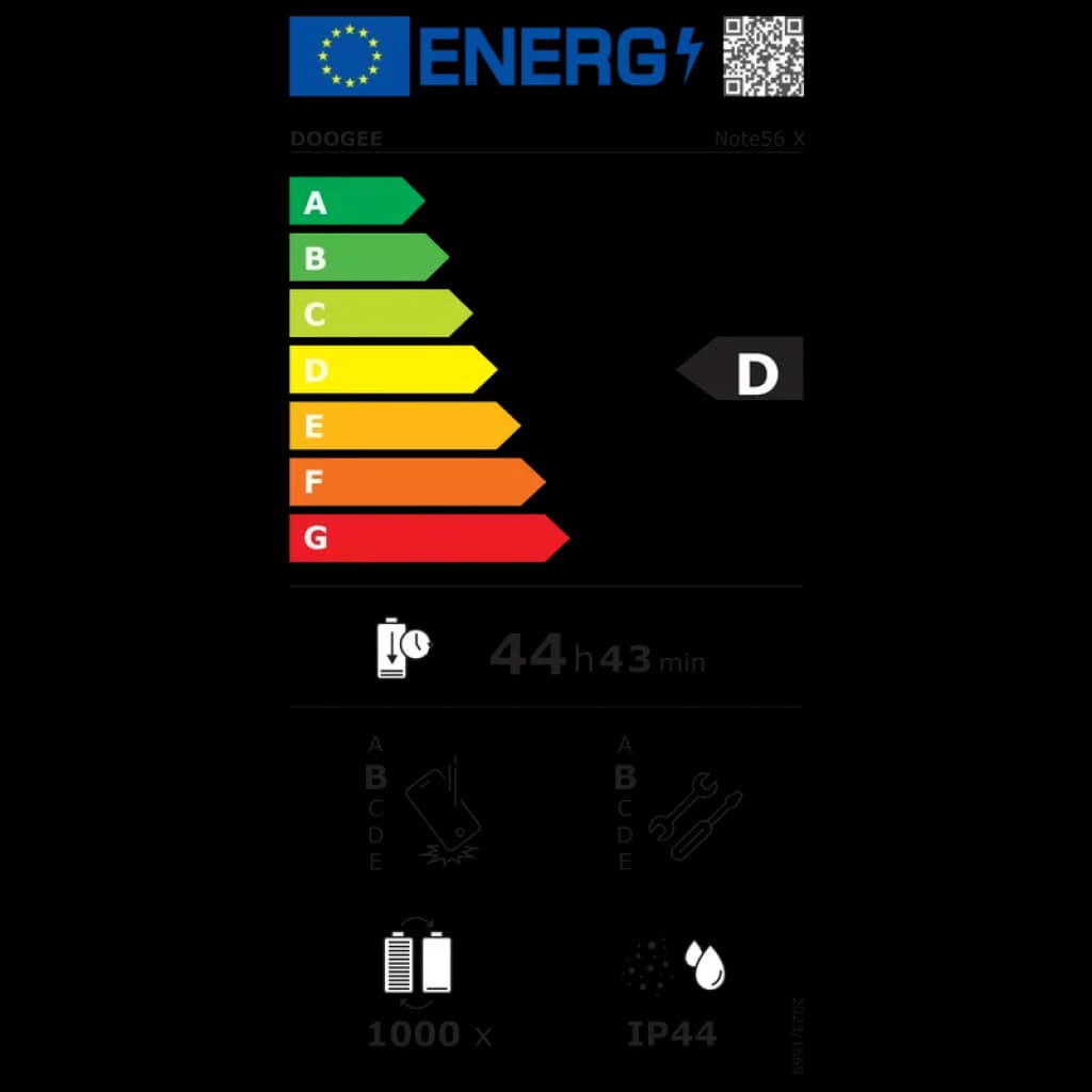 Etiqueta energética do Doogee Note 56X: classe D, autonomia em chamadas 44 h 43 min, resistência IP44, bateria indicada para 1000 ciclos, cor cinza 4G 64 GB