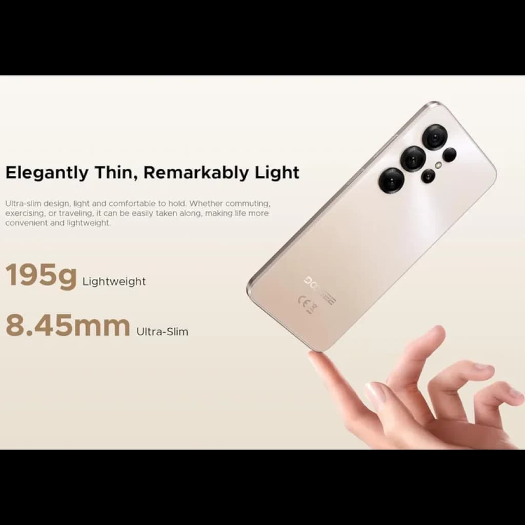 Doogee Note 56X Cinza, design fino 8,45 mm e leve 195 g. Traseira metálica com três câmeras salientes e flash. Acabamento elegante e moderno.