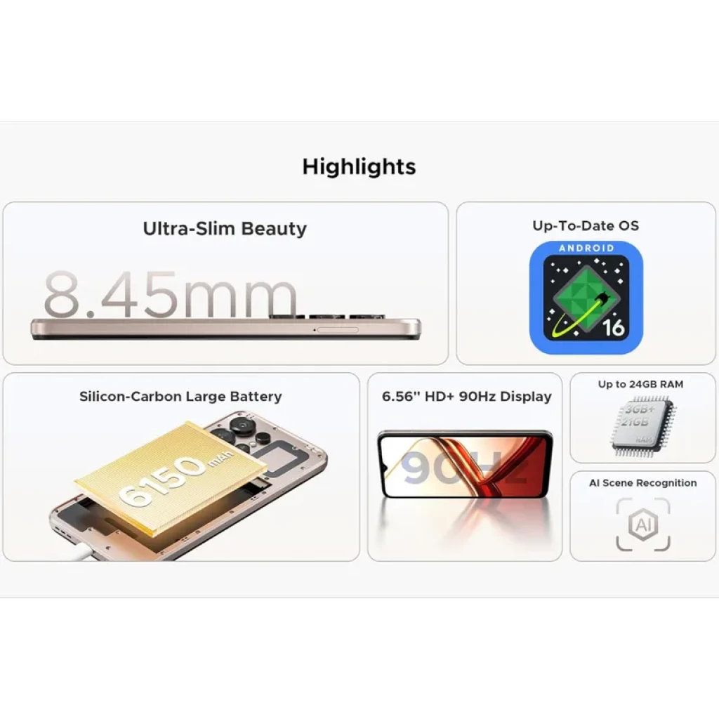 Doogee Note 56X dourado com ecrã 6,56 polegadas, câmara traseira múltipla, notch em gota, Android 16 no ecrã e bateria 6150 mAh visível na frente - Item2