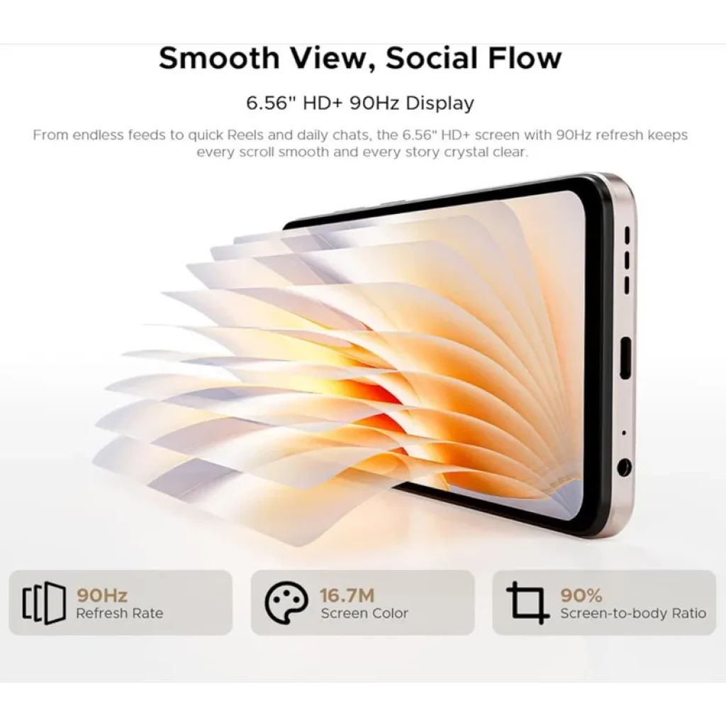 Doogee Note 56X dourado com ecrã 6,56 polegadas, câmara traseira múltipla, notch em gota, Android 16 no ecrã e bateria 6150 mAh visível na frente - Item5