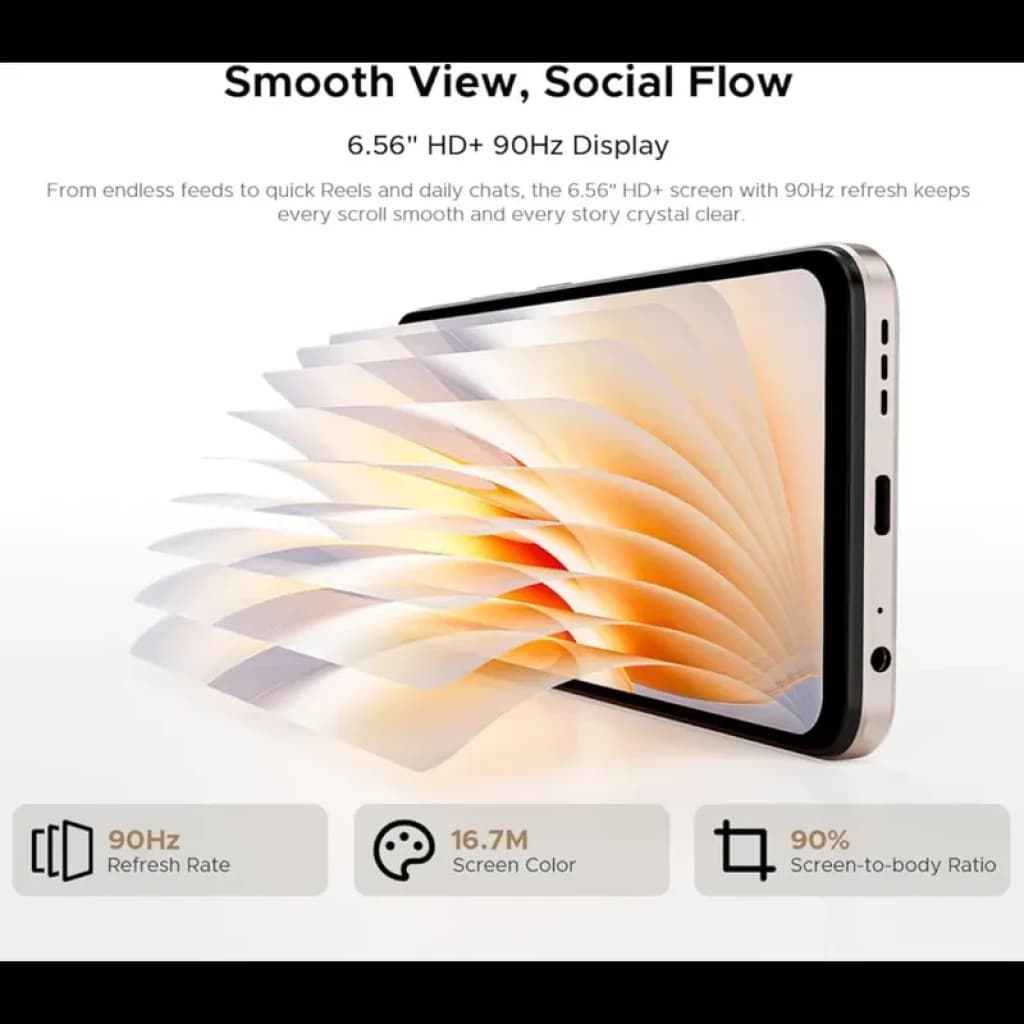 Doogee Note 56X cinza com tela 6,56 HD+, taxa de 90 Hz, bordas finas e 90% de aproveitamento; cores vivas 16,7M para rolagem suave