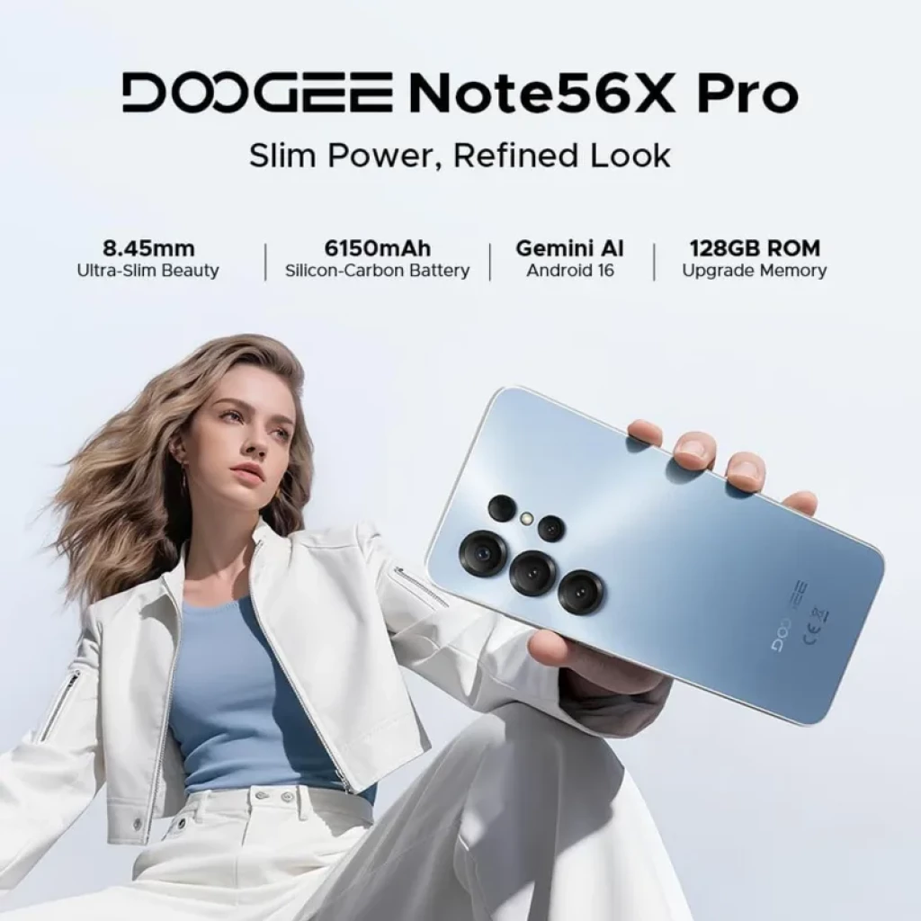 Doogee Note 56X PRO dourado com tela ampla de bordas finas, notch em gota e módulo traseiro com múltiplas câmeras e flash; acabamento metálico brilhante - Item9