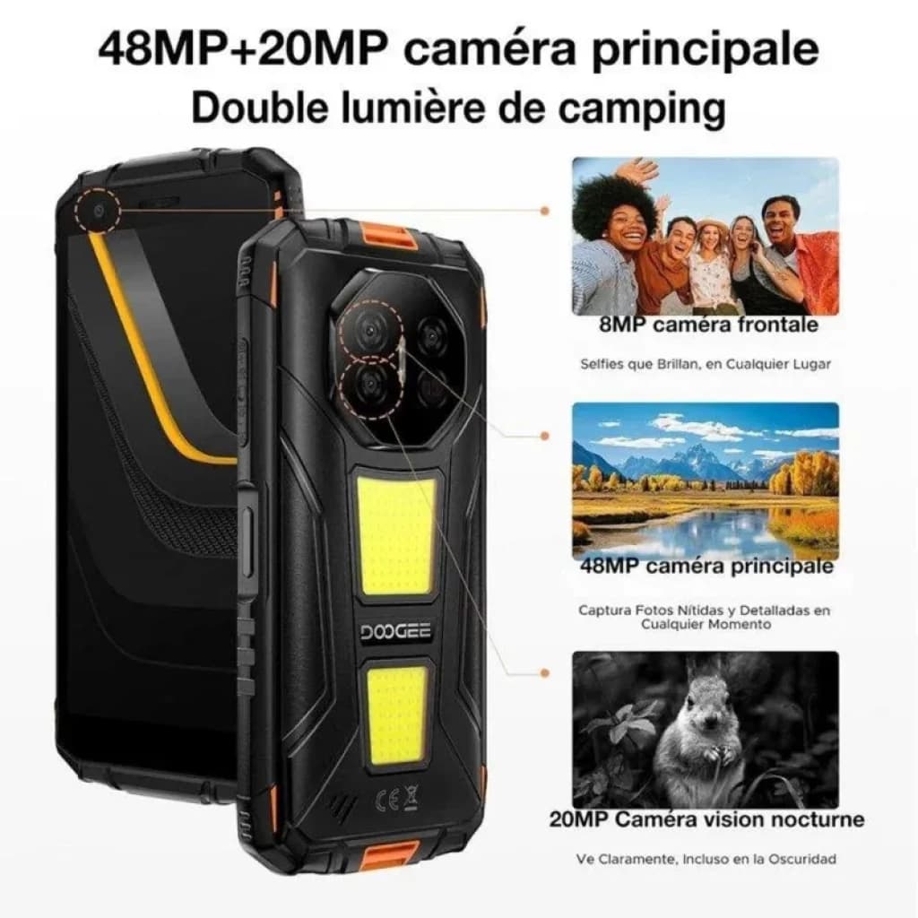 Smartphone Doogee Fire 3 Max orange robuste, double capteur arrière 48+20 Mpx avec vision nocturne IR, double lampe de camping, écran large, finitions