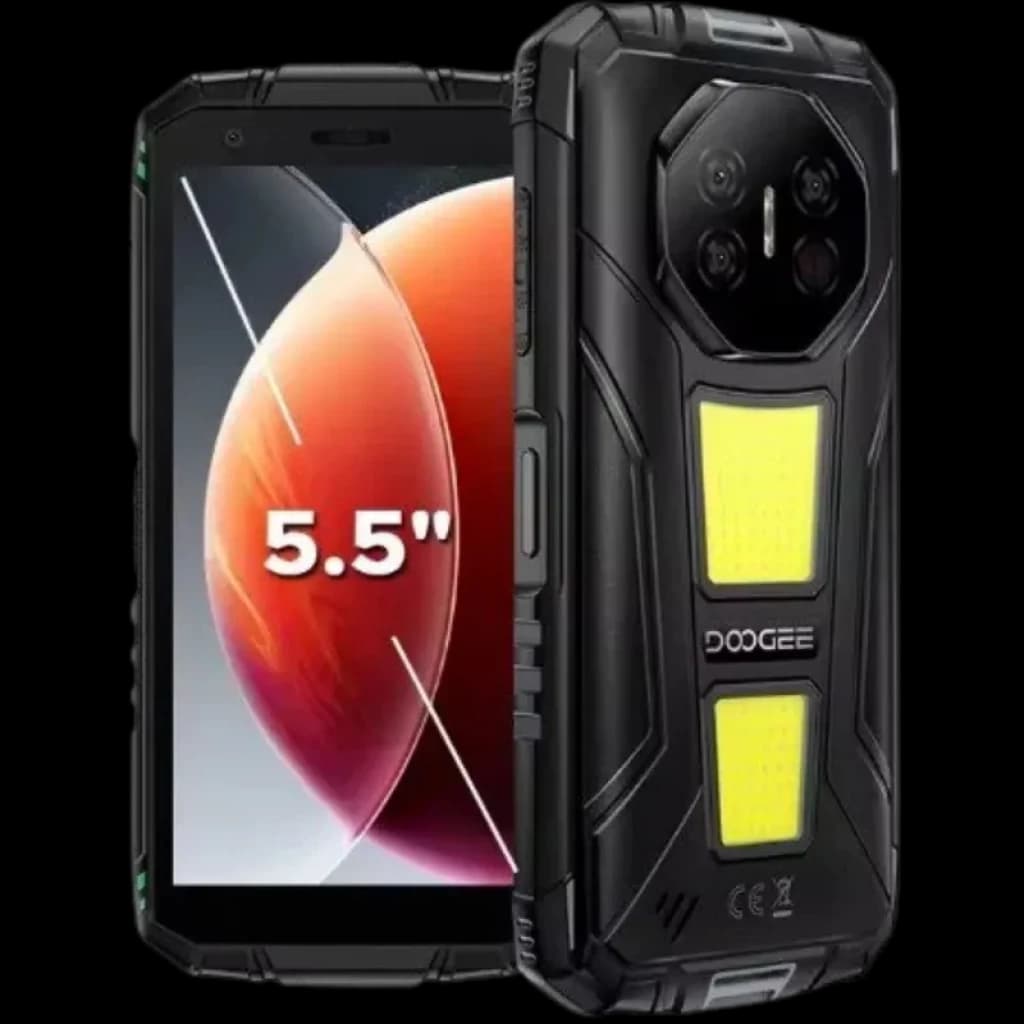 Doogee Fire 3 Max orange robuste 5,5 pouces dos noir avec large module lumineux jaune et triple capteur rond, bords renforcés antichoc