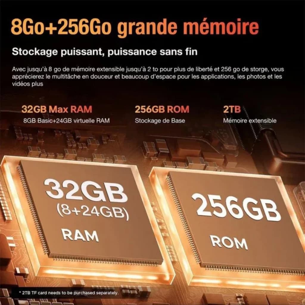 Affiche deux puces dorées: 32 Go RAM virtuels 8+24 et 256 Go ROM, texte orange sur fond noir, mettant en avant grande mémoire et stockage extensible 2 To