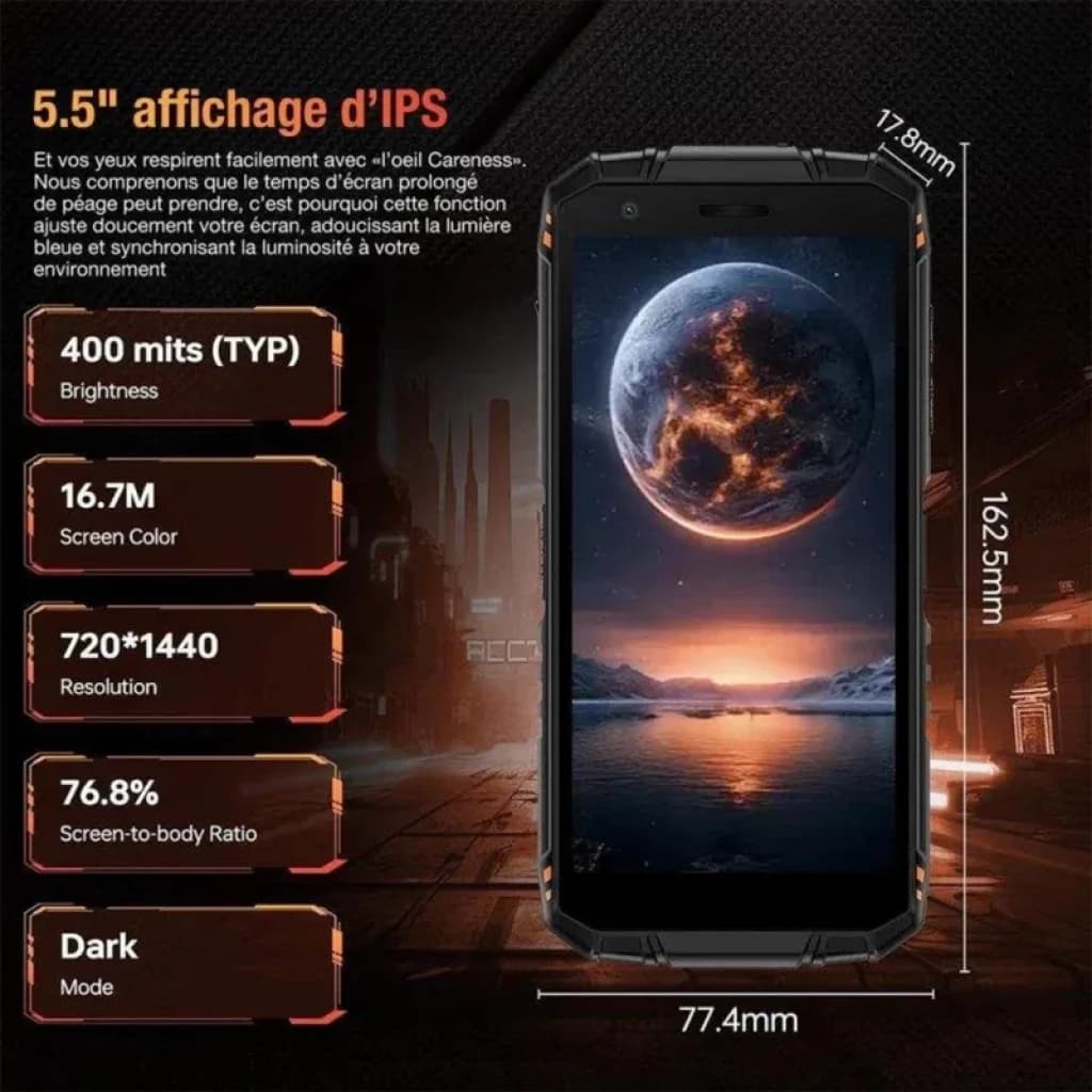 Doogee Fire 3 Max 4G vert robuste, écran IPS 5,5 pouces HD 720x1440, luminosité 400 nits, ratio 76,8 %, mode sombre, bords renforcés antichoc