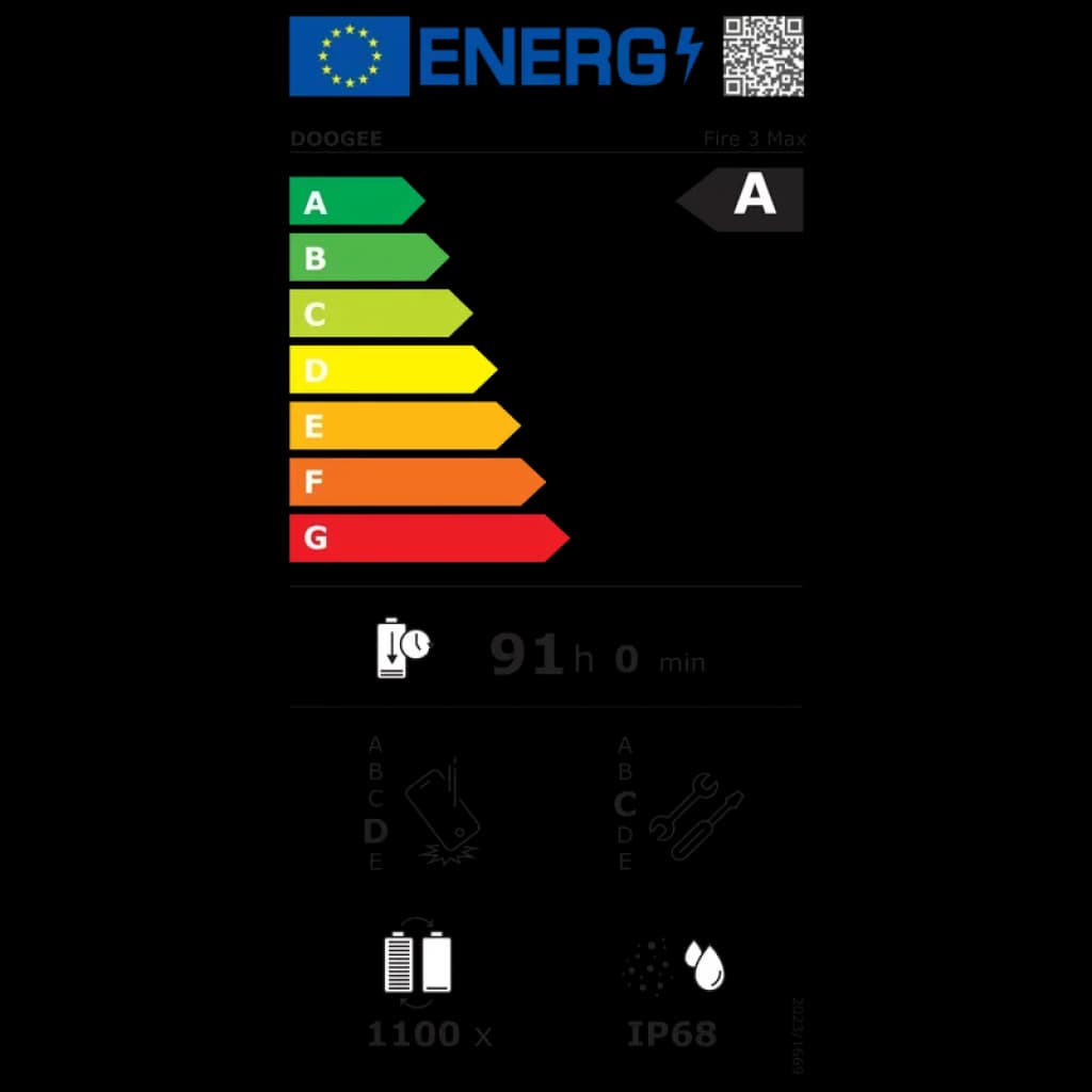 Étiquette énergie A pour Doogee Fire 3 Max 4G vert, autonomie annoncée 91 h, 1100 cycles batterie, résistance IP68, icônes de réparabilité et durabilité