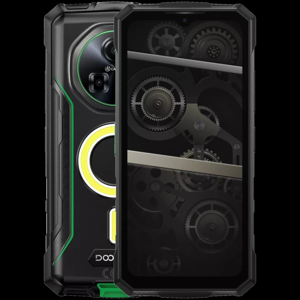 Doogee Fire 5 Ultra vert robuste, dos noir avec accents verts et jaune, module caméra proéminent, écran avant sombre affichant engrenages métalliques