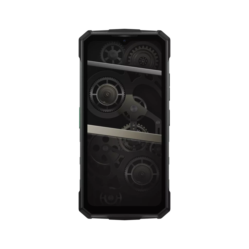 Doogee Fire 5 Ultra verde com design robusto, moldura preta, detalhes em verde e amarelo, módulo traseiro circular e ecrã frontal com padrão de engrenagens - Item1