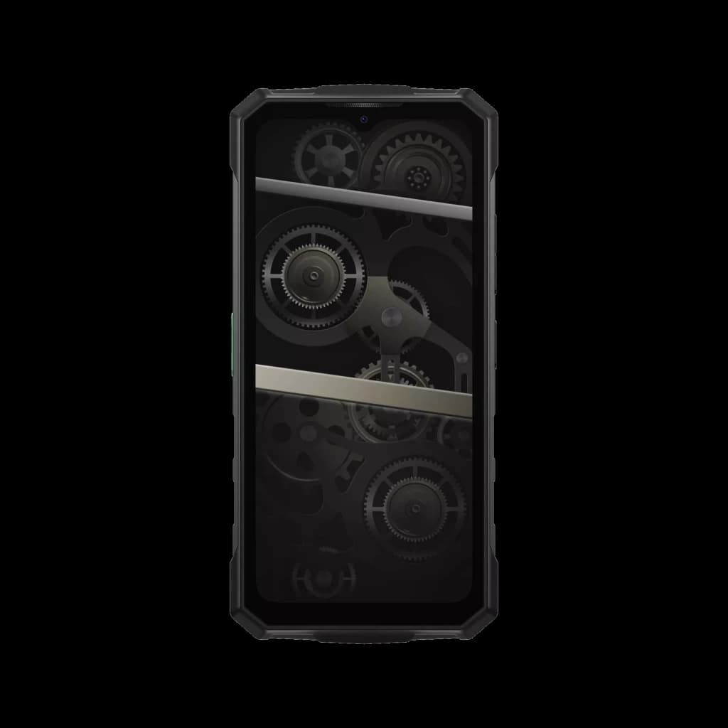 Smartphone robuste vert Doogee Fire 5 Ultra, écran large bordures renforcées, façade type mécanique à engrenages, design industriel noir et métal