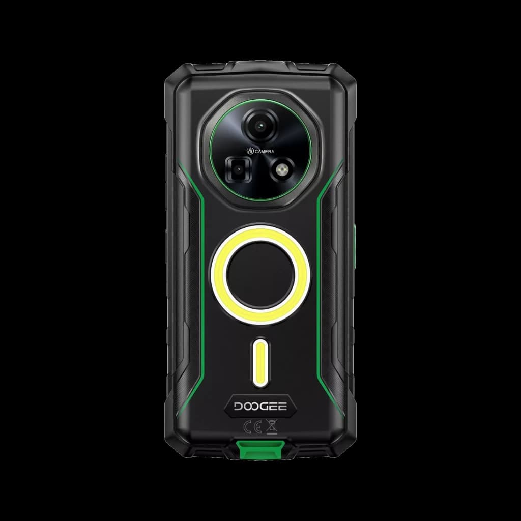 Dos du Doogee Fire 5 Ultra vert robuste avec anneau lumineux central, accents verts, module photo circulaire triple et contours renforcés antichoc
