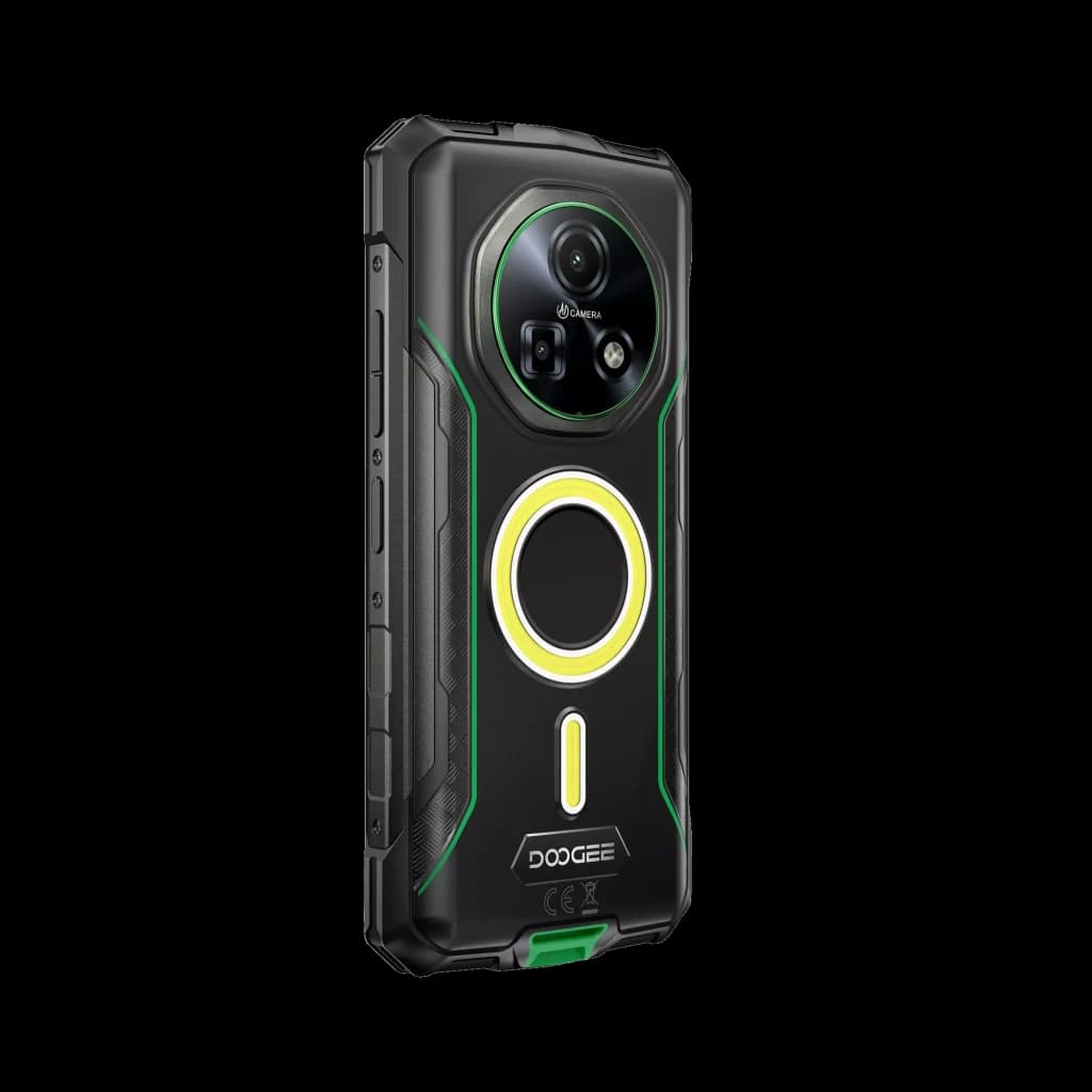 Doogee Fire 5 Ultra vert robuste avec module caméra circulaire, accents verts, anneau lumineux central et coque antichoc futuriste