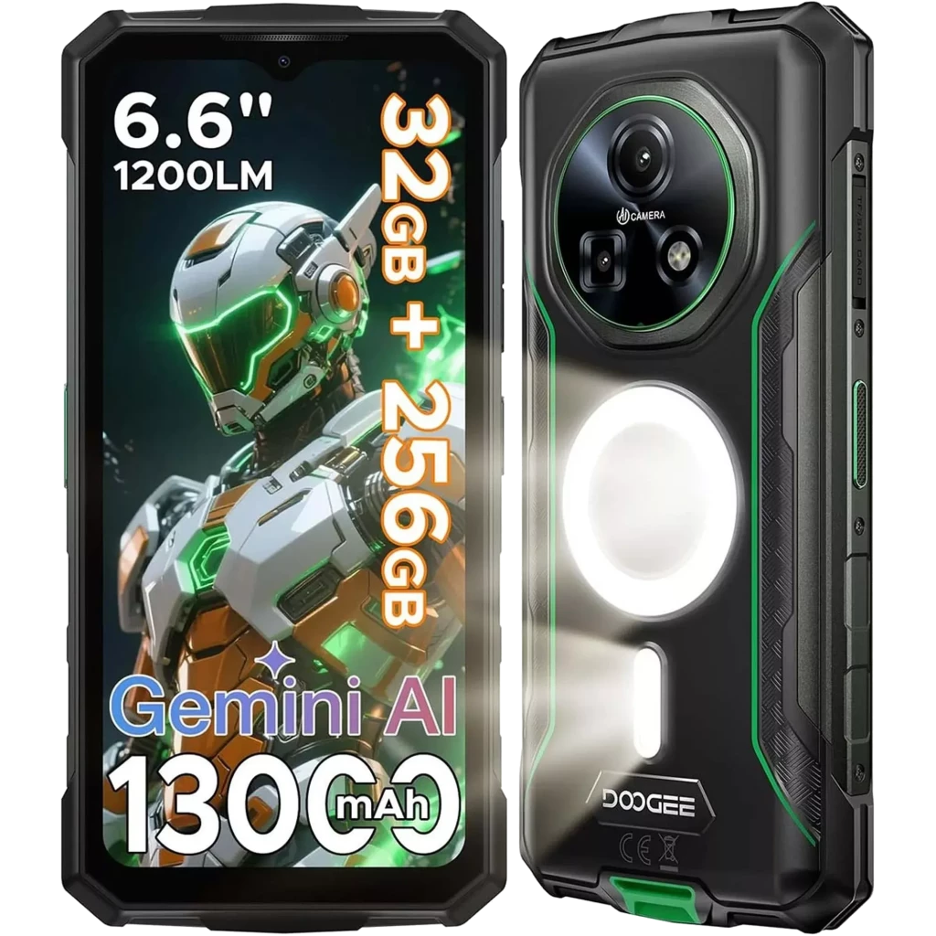 Doogee Fire 5 Ultra verde com design robusto, moldura preta, detalhes em verde e amarelo, módulo traseiro circular e ecrã frontal com padrão de engrenagens - Item4