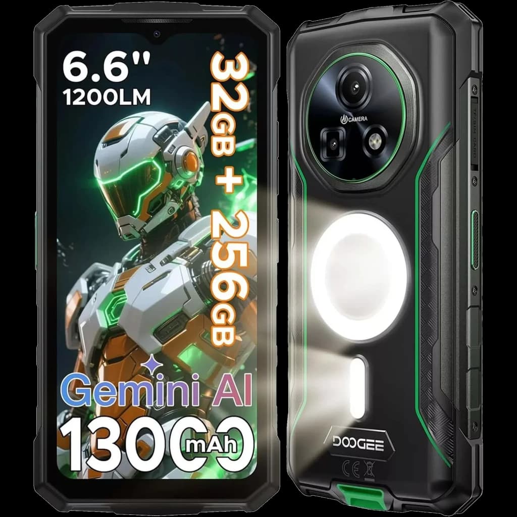 Smartphone robuste vert Doogee Fire 5 Ultra 6,6 pouces, anneau lumineux arrière, triple caméra, accents verts, bords renforcés, affichage Gemini AI, 13000